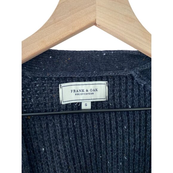 Frank & Oak Heavy Wool Cardigan Navy Blue with Brown Elbow Patches - Picture 4 of 7